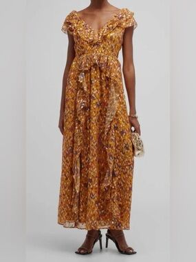 Marie Oliver Mustard Floral Ruffle Maxi Dress